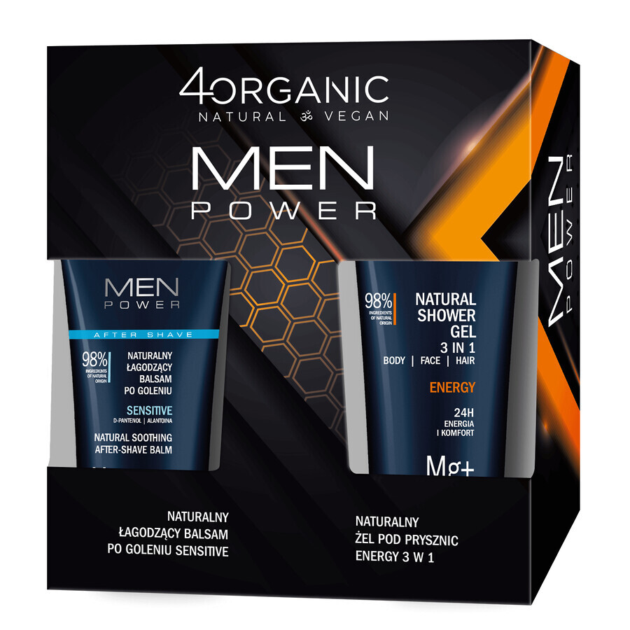 4Organic Men Power set, baume après-rasage apaisant, Sensitive, 150 ml + gel douche, Energy, 250 ml