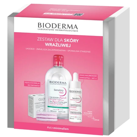 Set Bioderma Sensibio, Defensive, sérum, 30 ml + H2O, lotion micellaire, 500 ml + tampons cosmétiques, 3 pièces
