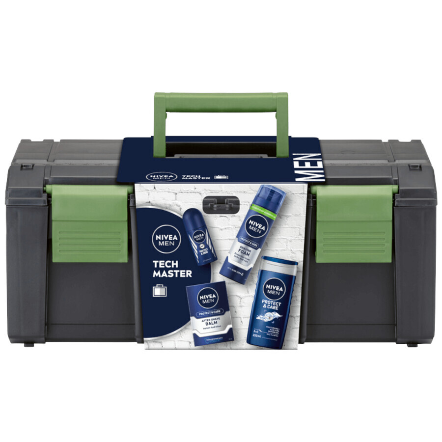 Kit Nivea Men Tech Master, schiuma da barba 200 ml + balsamo dopobarba 100 ml + gel doccia 250 ml + roll-on antitraspirante 50 ml