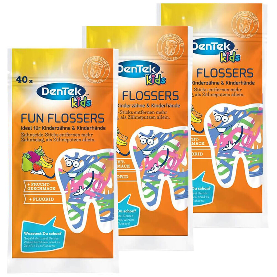 DenTek Kids Fun Flosser set, cepillos de seda dental para niños, 3 x 40 piezas