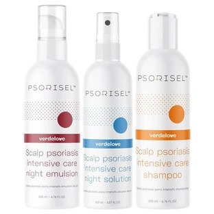 Verdelove Psorisel Set für Schuppenflechte auf der Kopfhaut, Shampoo 200 ml + Emulsion 200 ml + Flüssigkeit 150 ml