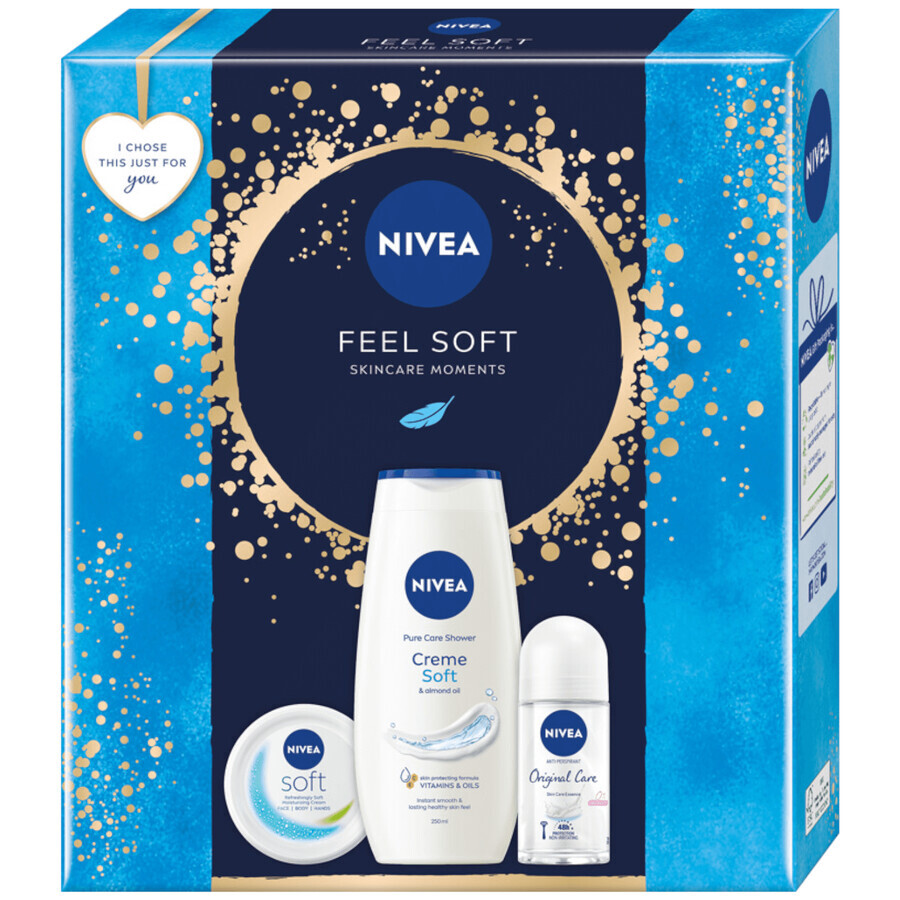 Set Nivea Feel Soft, crema 300 ml + antitranspirante roll-on 50 ml + gel de ducha 250 ml