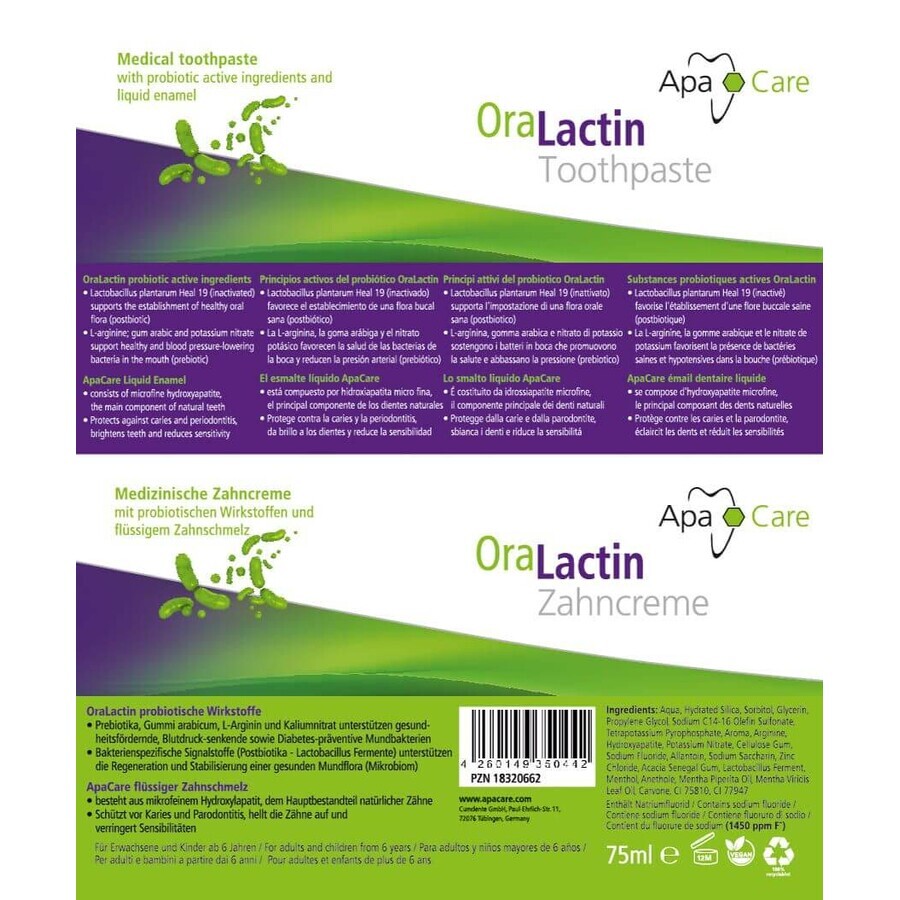 ApaCare OraLactin remineralizing toothpaste with probiotics, 75 ml
