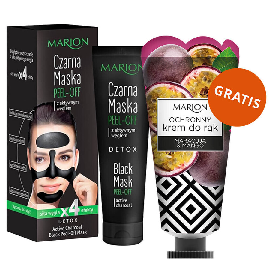 Marion Peel Off, black peel-off face mask with activated charcoal, 25 g + Maracuja & Mango protective hand cream, 50 ml free
