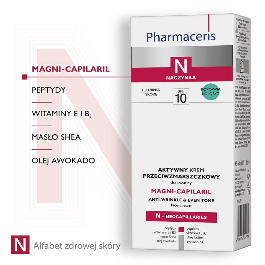 Pharmaceris N Magni-Capilaril, active anti-wrinkle face cream, SPF 10, 50 ml + vitamin C concentrate 1200 mg, fortifying and smoothing, 5 ml free of charge