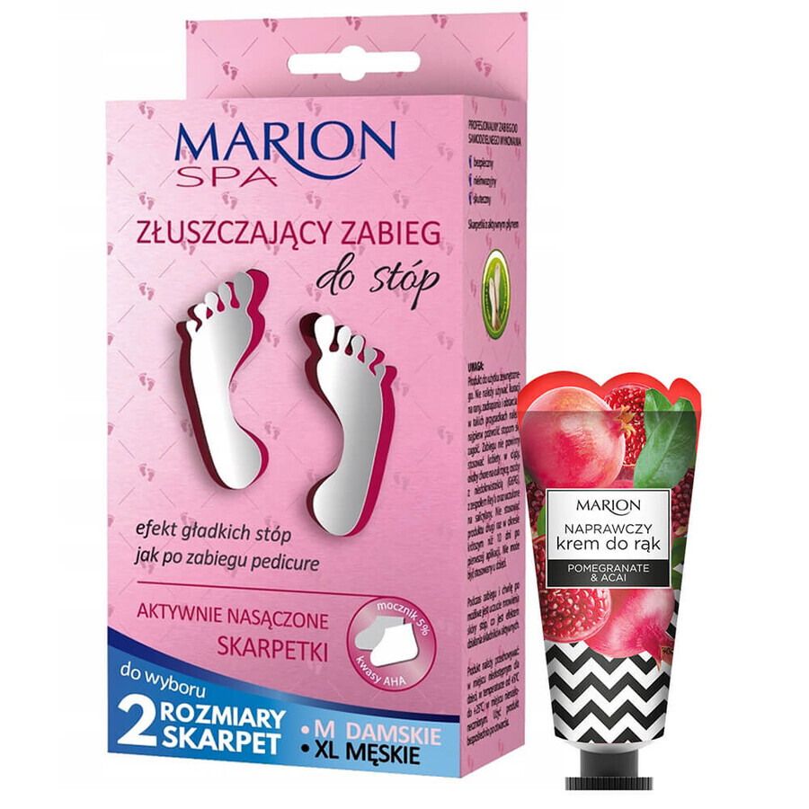 Marion Spa, tratament exfoliant pentru picioare, șosete înmuiate activ, 2 x 20 ml + cremă de mâini reparatoare Rodie & Acai, 50 ml gratuit