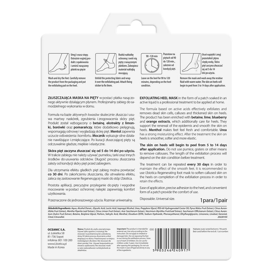 L'Biotica Set, Peeling-Maske für Fersen, Peeling-Peeling für Härte, 18 g + professionelles Fußpeeling mit Minifeilen, 1 Stück