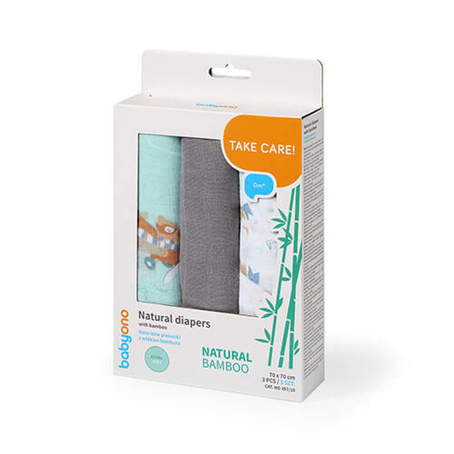 BabyOno Natural Bamboo, natuurlijke luiers van bamboevezels, grijs, 70 x 70 cm, 3 stuks