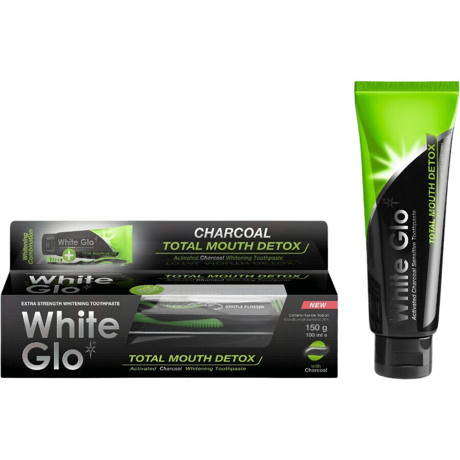 White Glo whitening toothpaste Total Detox Charcoal + toothbrush 150 g