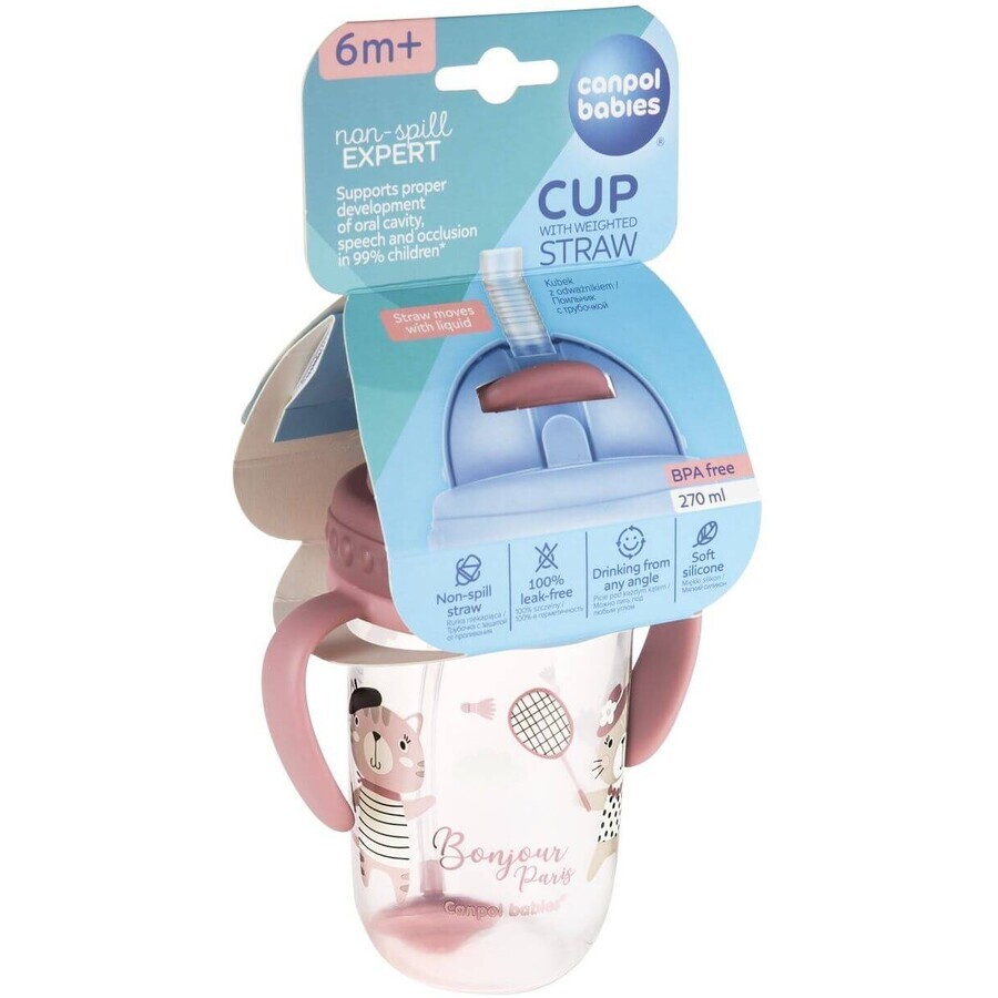 Canpol pentru bebeluși Pahar cu pai care nu curge cu greutate 6m+ Bonjour Paris roz 270 ml