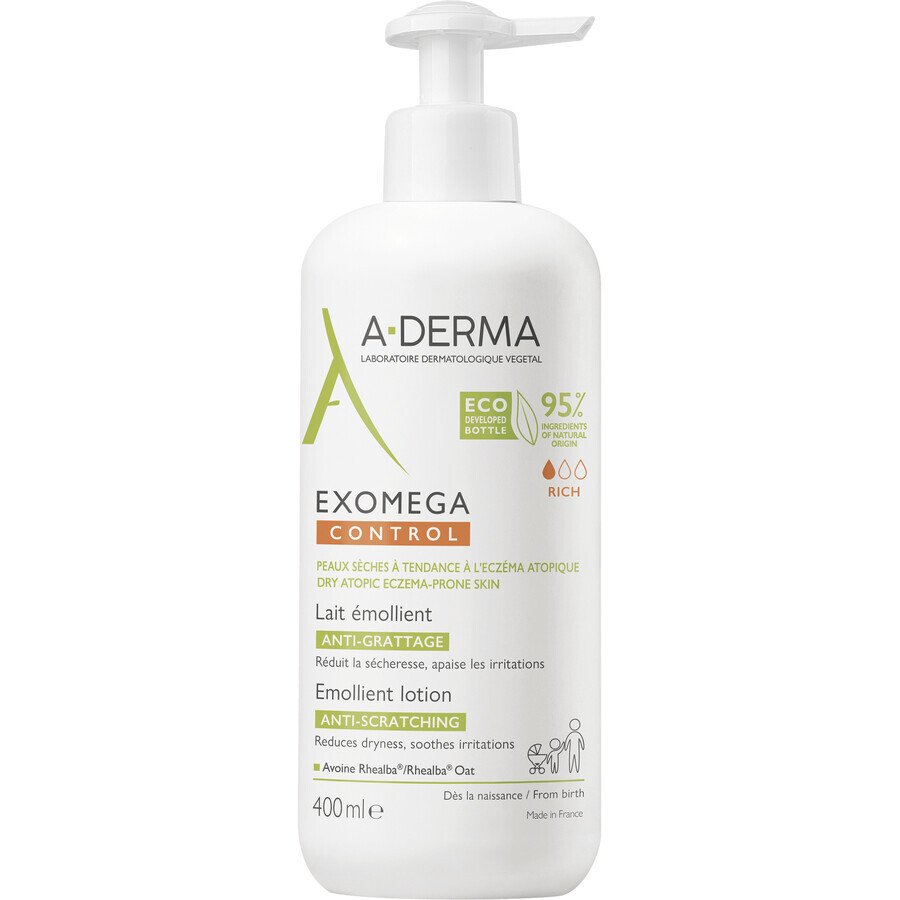 A-Derma Exomega Control Emollient Lotion für trockene, zu Atopie neigende Haut - 400 ml Sparpackung