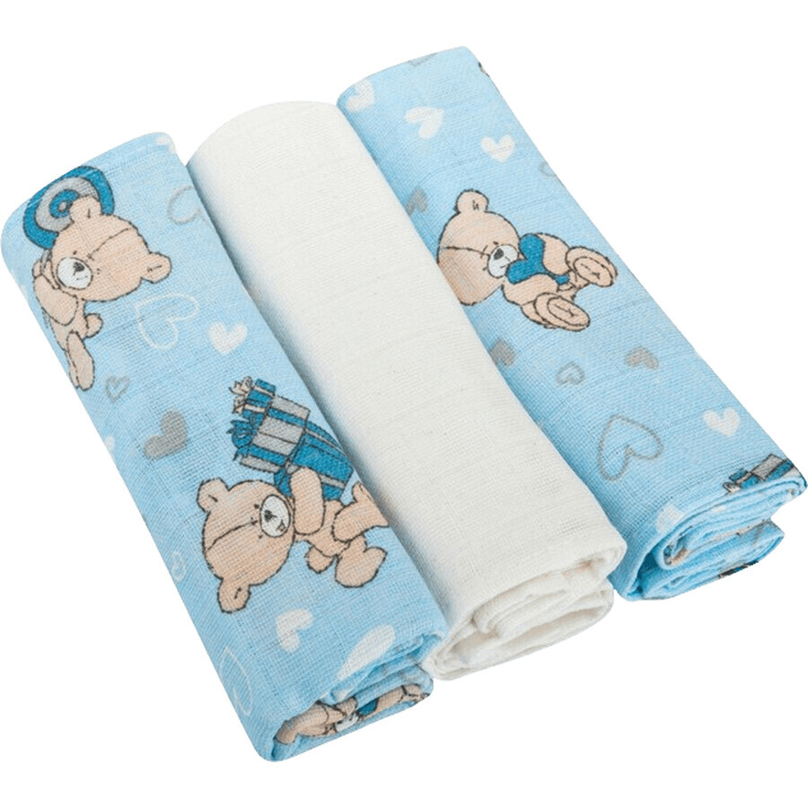 Bomimi Premium Cotton Nappies 140g/m2 printed, 80x70cm Teddy-Blue 3 pcs