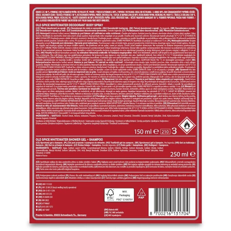 Old Spice Chef for men - gift set with deodorant spray and Whitewater shower gel with fresh scent