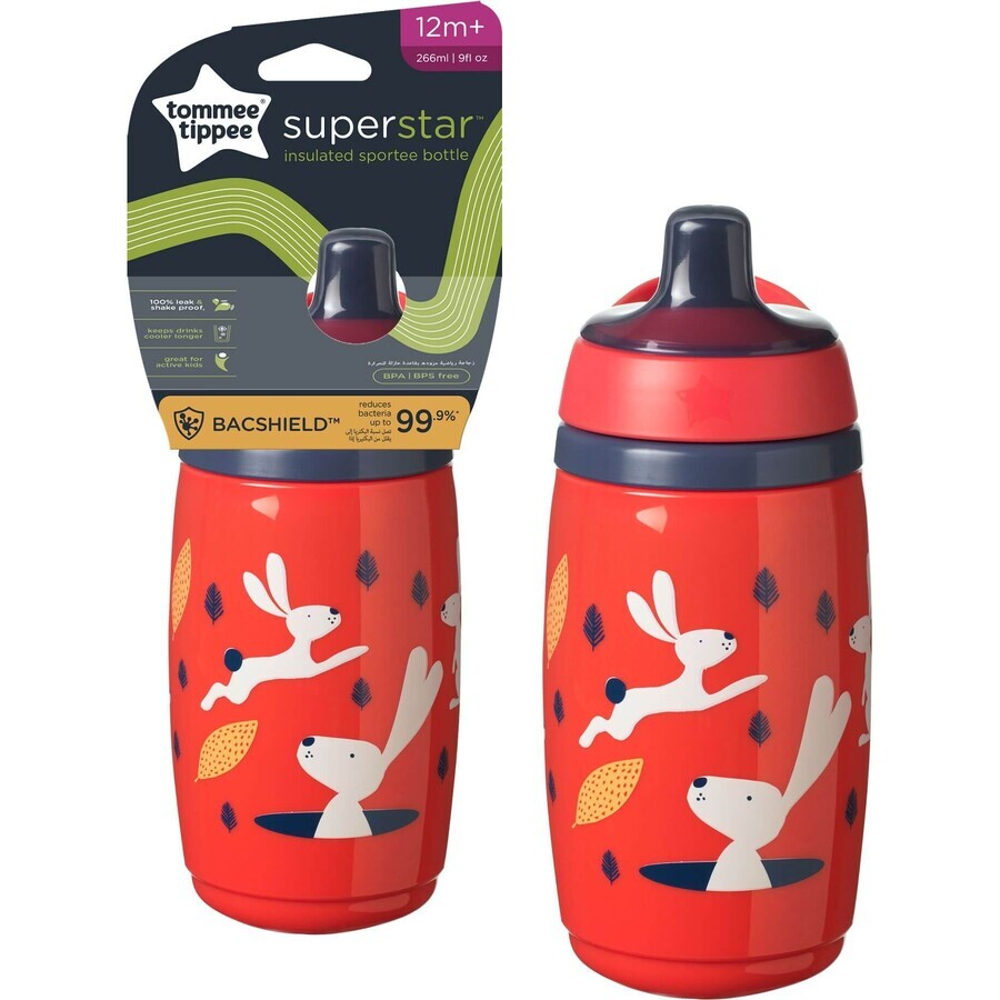 Tommee Tippee Superstar Sportee, tazza sportiva senza fuoriuscita, 12m+, rosso 266 ml