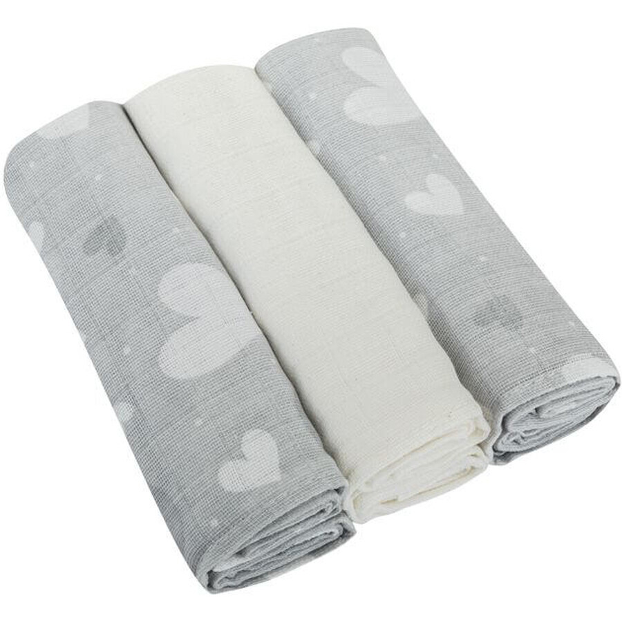 Bomimi Premium Cotton diapers 140g/m2 printed, 80x70cm heart gray 3 pcs
