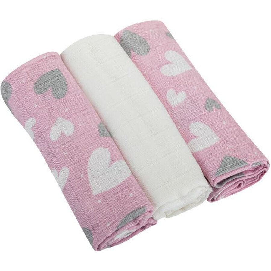 Bomimi Premium cotton diapers 140g/m2 with print, 80x70cm heart pink 3 pcs