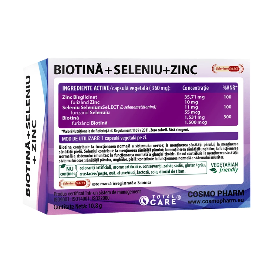 Biotin + Selen + Zink, 30 vegetarische Kapseln, Cosmopharm