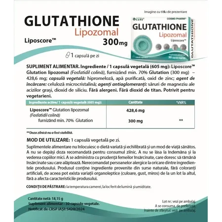 Glutathion Lipozomal, 300 mg, 30 pflanzliche Kapseln, Cosmopharm