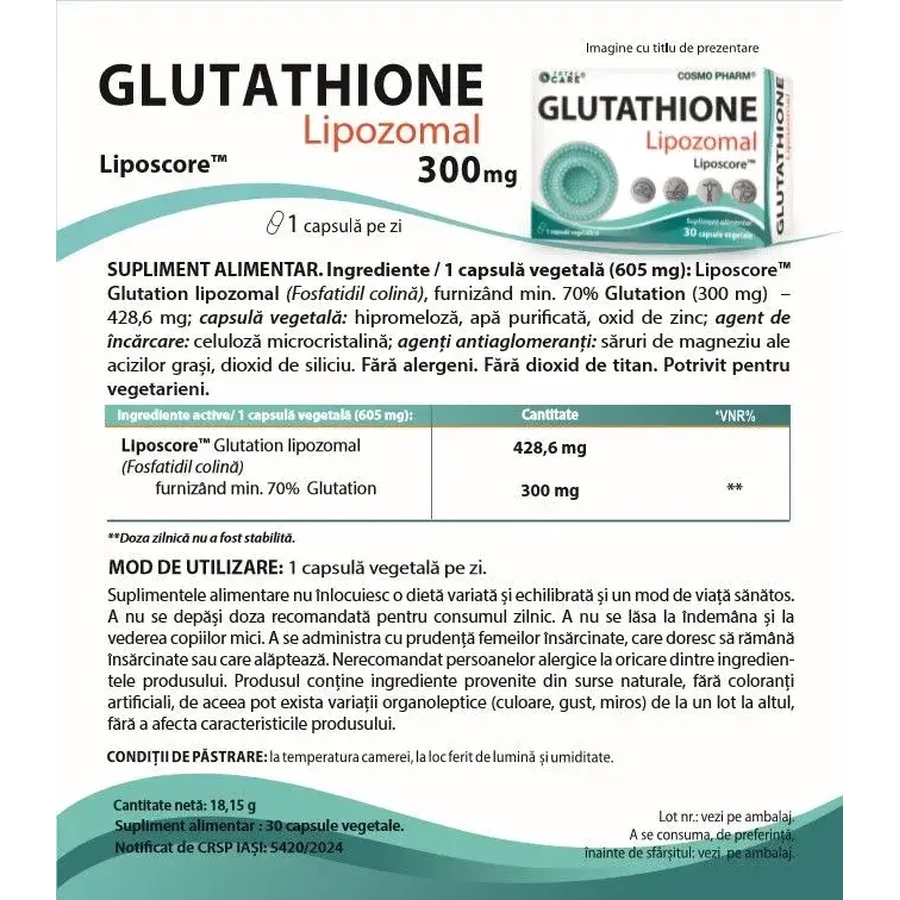 Glutathion Lipozomal, 300 mg, 30 pflanzliche Kapseln, Cosmopharm
