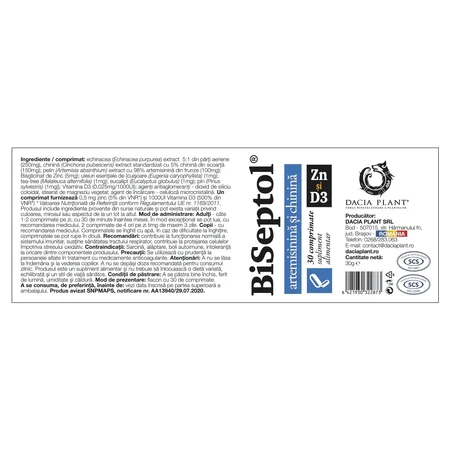 BiSeptol met artemisinine en kinine, Zn en D3, 30 tabletten, Dacia Plant