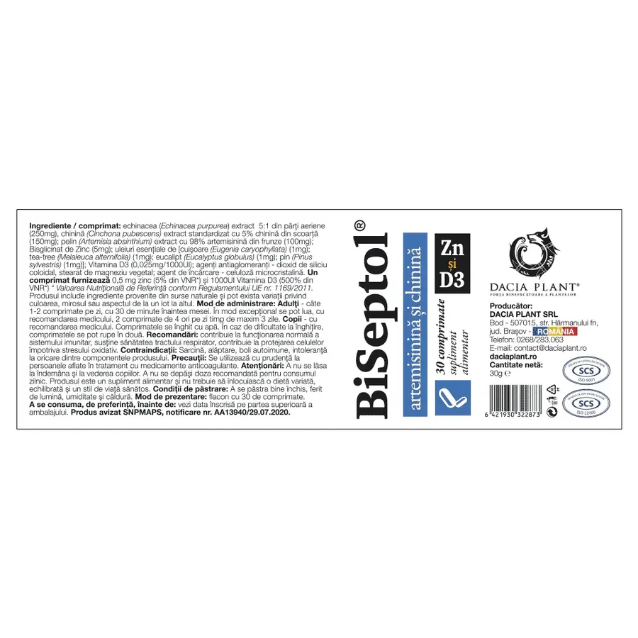 BiSeptol met artemisinine en kinine, Zn en D3, 30 tabletten, Dacia Plant