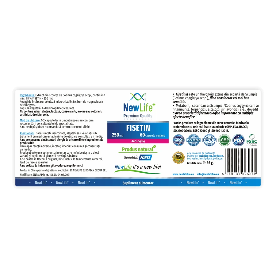 Fisetin, 250 mg, 60 plantaardige capsules, NewLife+