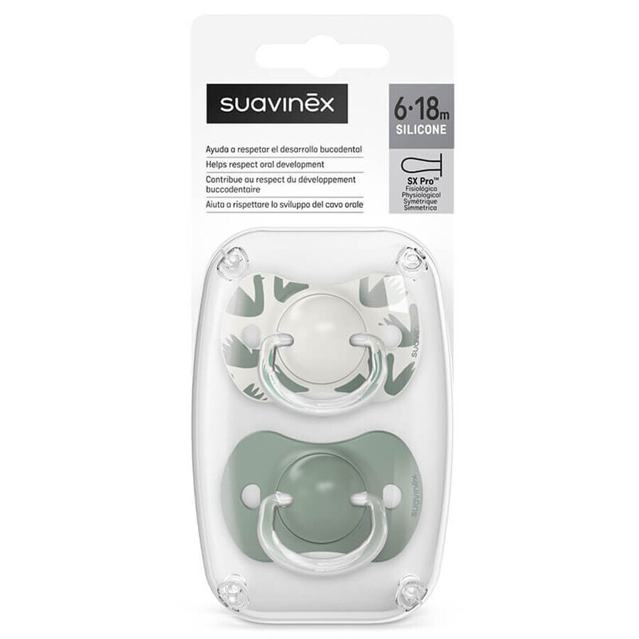 Suavinex A walk in the park SX Pro, physiologic dummy, silicone, olive, 6-18 months, 2 pieces