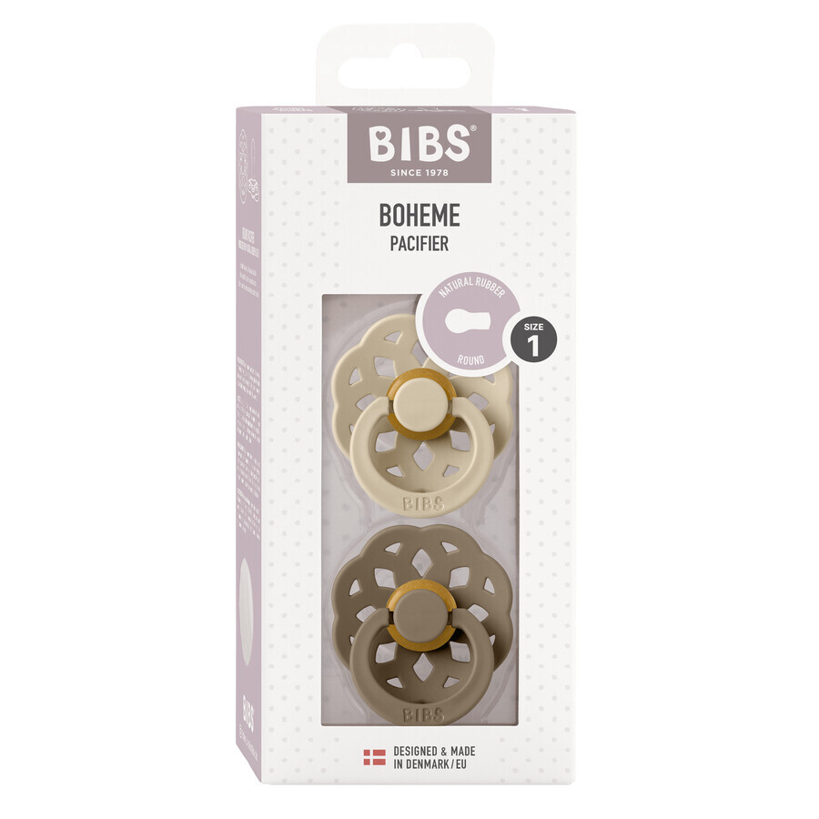 Bibs Boheme, pacifier, rubber, round, size 1, Vanilla & Dark Oak, from birth, 2 pieces