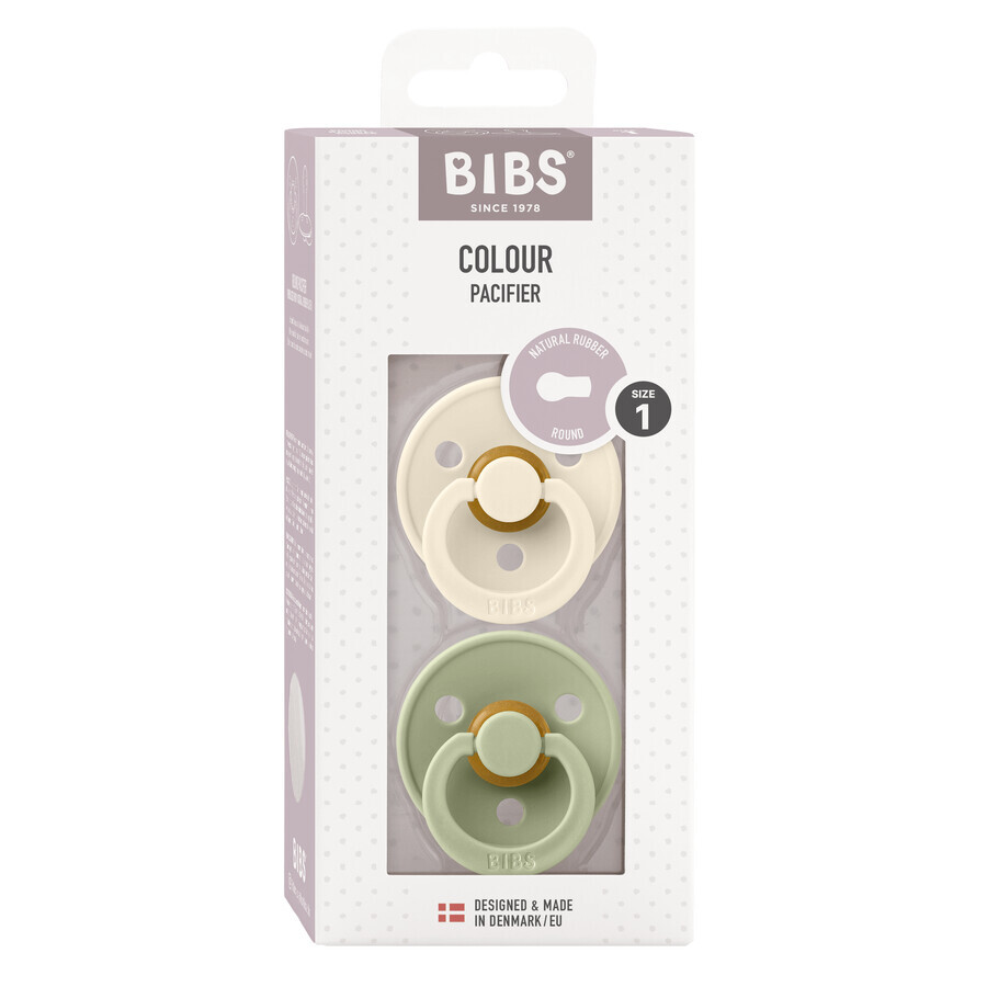 Bibs Colour, pacifier, rubber, round, size 1, Ivory & Sage, from birth, 2 pieces