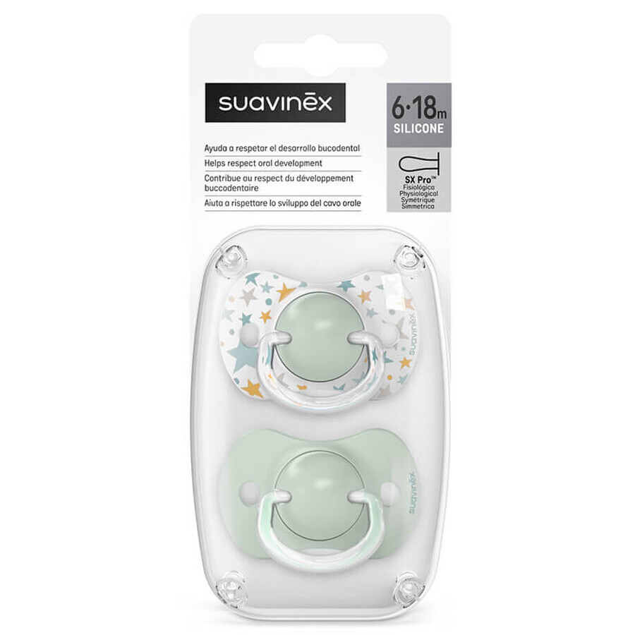 Suavinex Dreams SX Pro, physiologic dummy, silicone, green, 6-18 months, 2 pieces