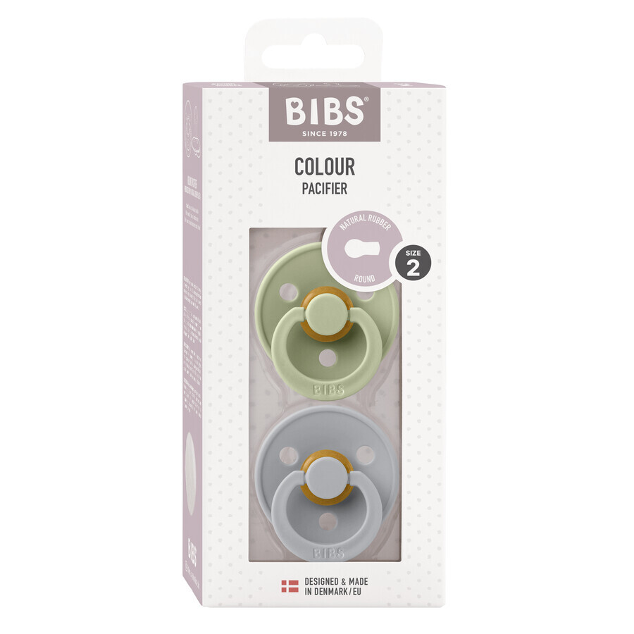 Bibs Colour, pacifier, rubber, round, size 2, Sage & Cloud, from 6 months, 2 pieces