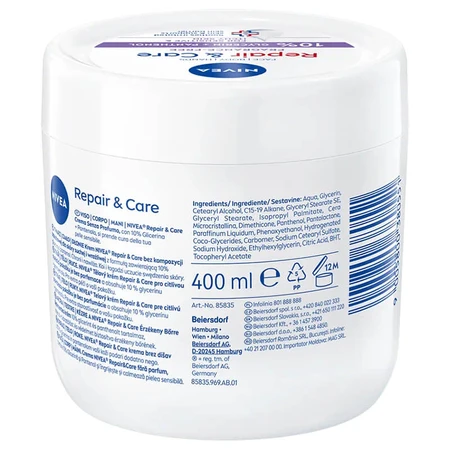 Nivea Repair & Care Sensitive multifunctionele hydraterende en beschermende crème met panthenol, parfumvrij, gevoelige huid, 400 ml