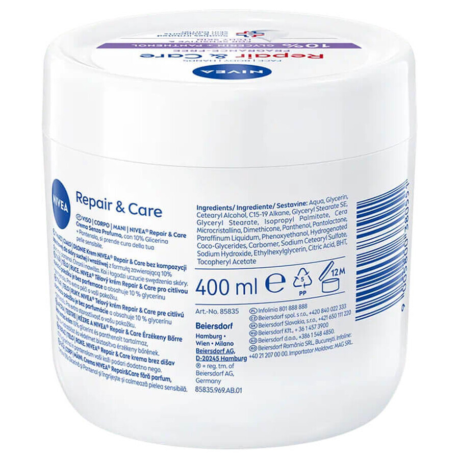Nivea Repair & Care Sensitive crema multifuncional hidratante y protectora con pantenol, sin perfume, piel sensible, 400 ml