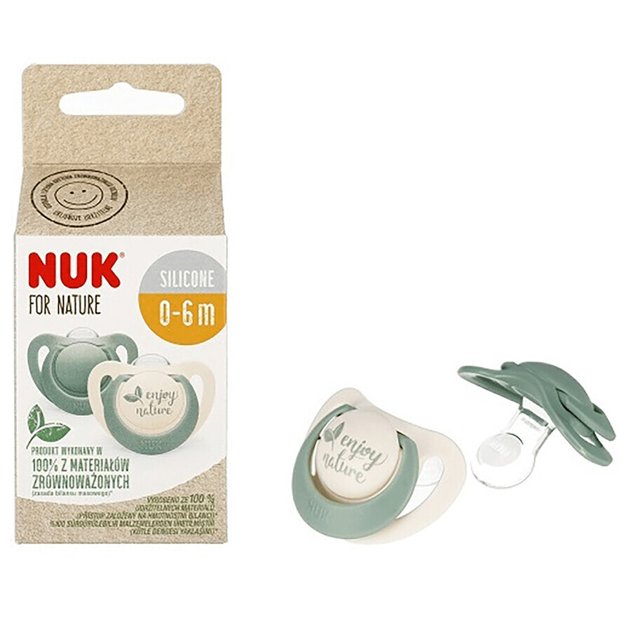 NUK For Nature, pacifier, silicone, anatomical, green, 0-6 months, 2 pieces