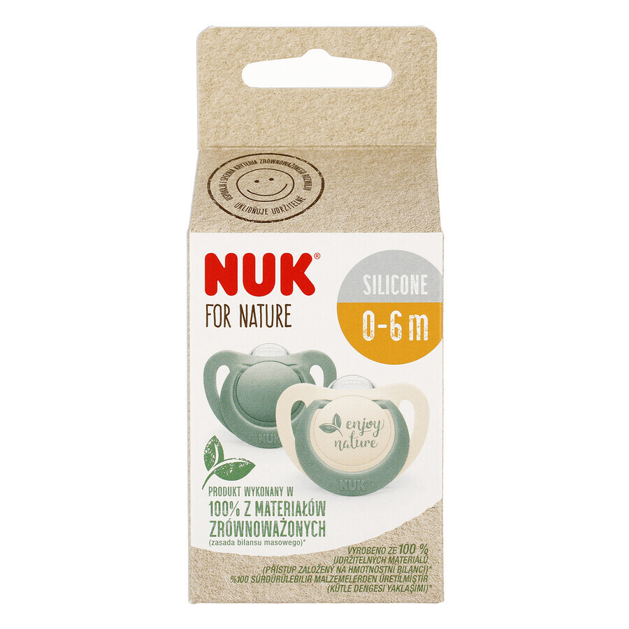 NUK For Nature, pacifier, silicone, anatomical, green, 0-6 months, 2 pieces