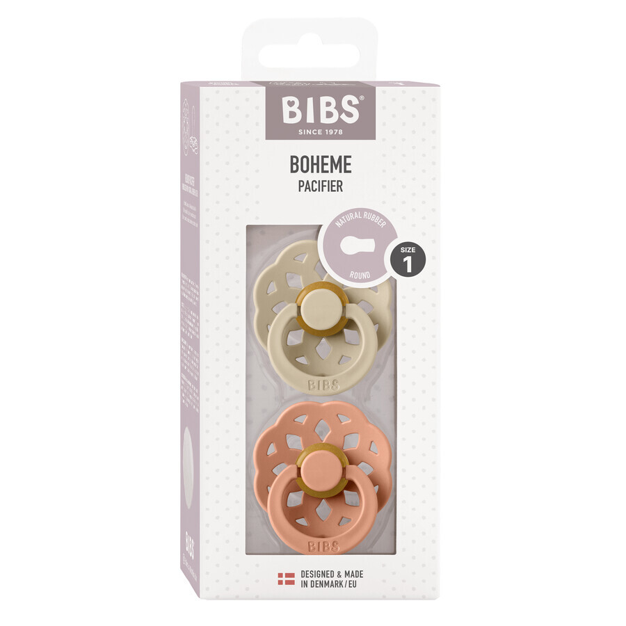Bibs Boheme, pacifier, rubber, round, size 1, Vanilla & Peach, from birth, 2 pieces