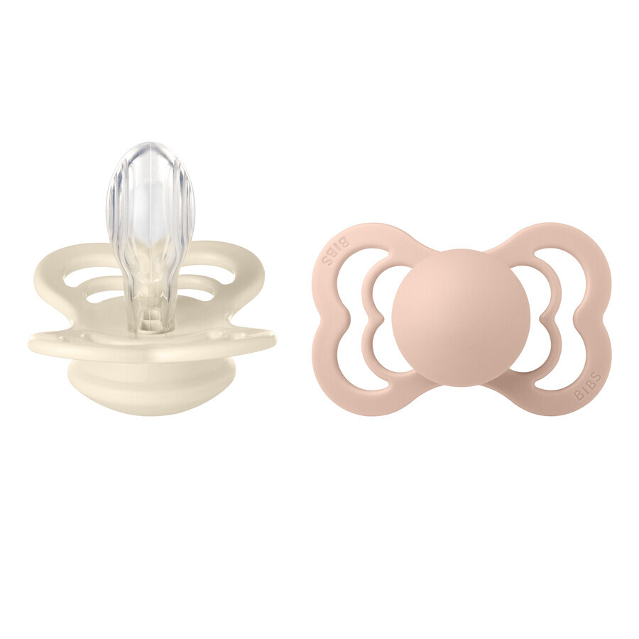 Bibs Supreme, pacifier, silicone, symmetrical, size 2, Ivory & Blush, from 6 months, 2 pieces