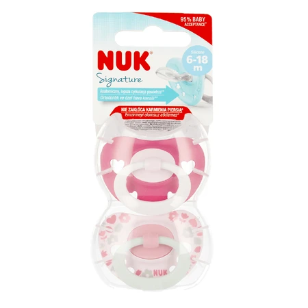 NUK Signature, suzetă, silicon, anatomică, roz, 6-18 luni, 2 bucăți