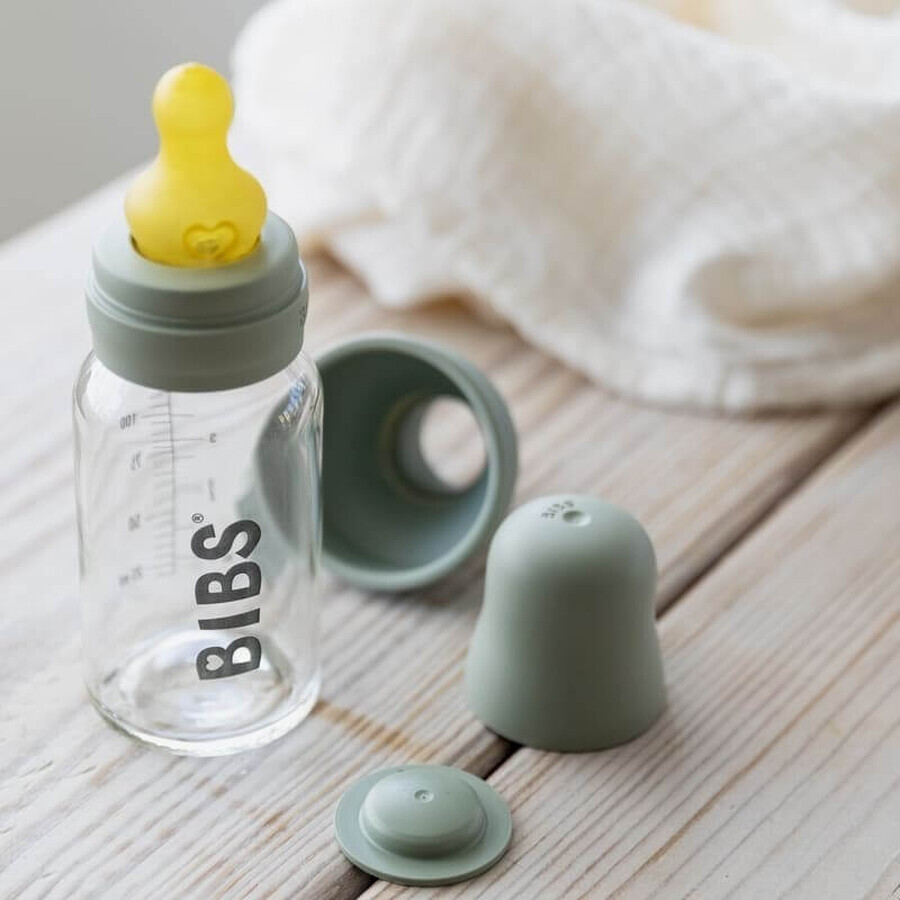 Lätzchen Babyflasche, Glasflasche mit langsam fließendem Gummisauger, Salbei, ab Geburt, 110 ml