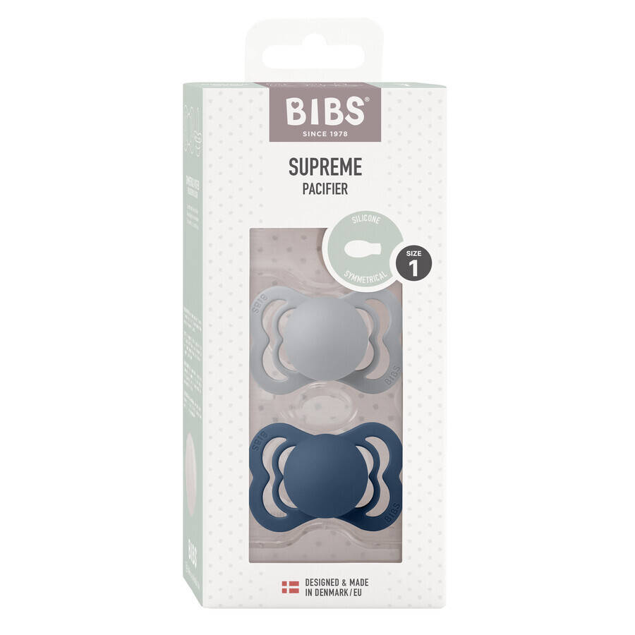 Bibs Supreme, pacifier, silicone, symmetrical, size 1, Cloud & Steel Blue, from birth, 2 pieces