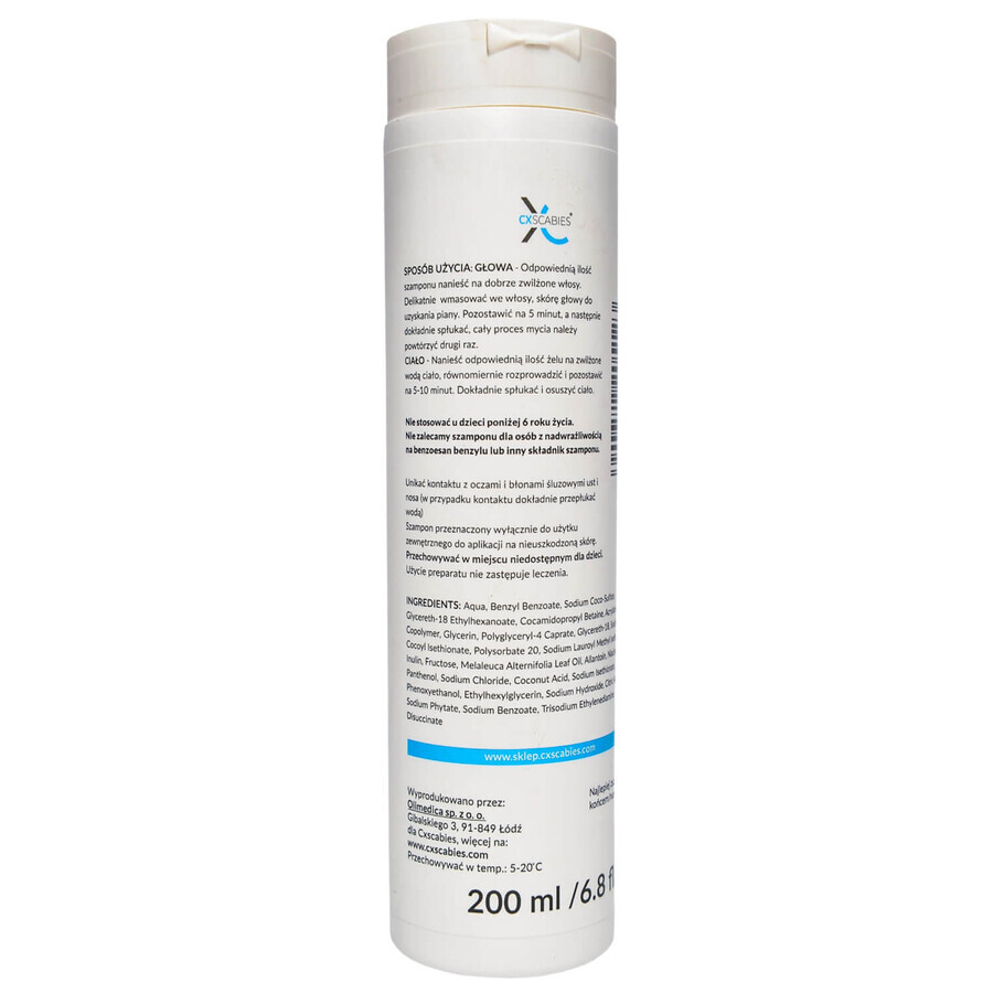 CxScabies Benzyl Benzoate 10%, 2 in 1 shampoo-gel wash for scabies and itchy skin, 200 ml