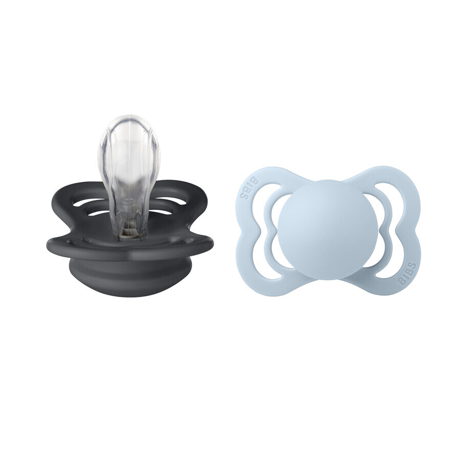 Bavaglini Supreme, succhietto, silicone, simmetrico, taglia 1, Iron & Baby Blue, dalla nascita, 2 pezzi