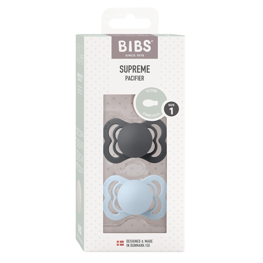 Bavaglini Supreme, succhietto, silicone, simmetrico, taglia 1, Iron & Baby Blue, dalla nascita, 2 pezzi