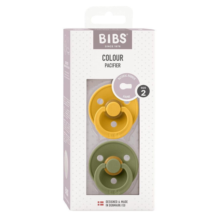 Bibs Colour, pacifier, rubber, round, size 2, Honey Bee & Olive, from 6 months, 2 pieces