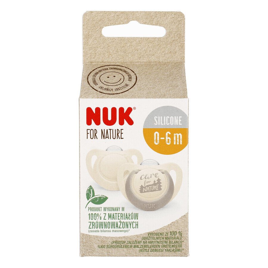 NUK For Nature, pacifier, silicone, anatomical, ash gray, 0-6 months, 2 pieces