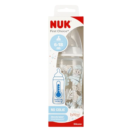 NUK First Choice+, antikoliekfles met temperatuurindicator en siliconenspeen, Disney Lion King, maat M, 6-18 maanden, 300 ml