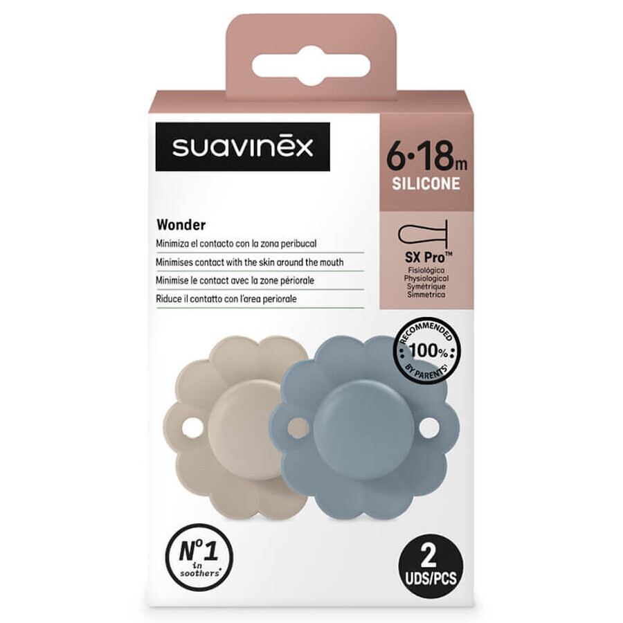 Suavinex Wonder SX Pro, ciuccio fisiologico, in silicone, grigio, navy, 6-18 mesi, 2 pezzi