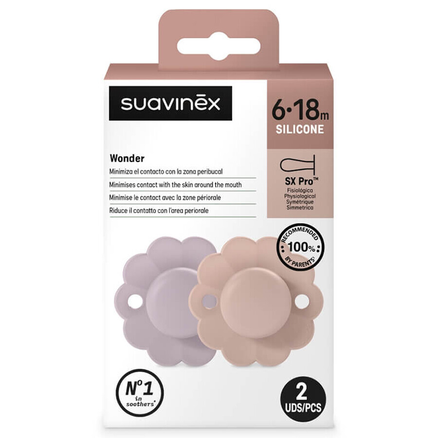 Suavinex Wonder SX Pro, chupete fisiológico, silicona, lavanda, rosa, 6-18 meses, 2 piezas