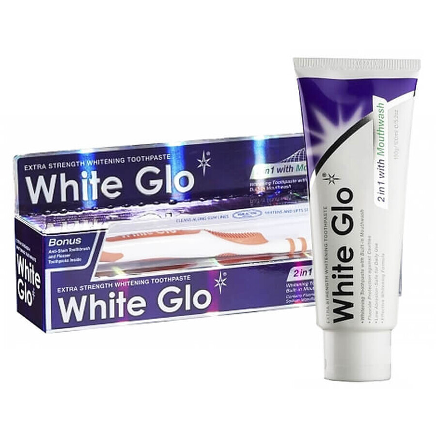 White Glo 2in1, toothpaste with mouthwash, whitening, 100 ml + toothbrush and toothpicks as a gift