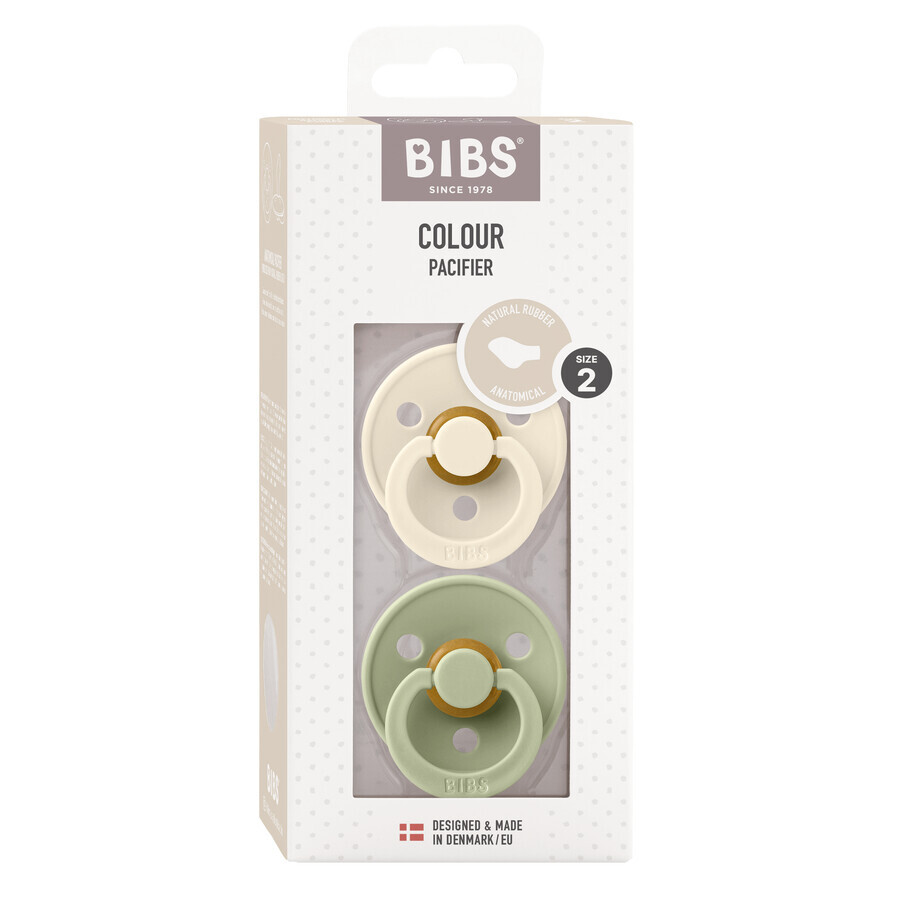 Bibs Colour, pacifier, rubber, anatomic, size 2, Ivory & Sage, from 6 months, 2 pieces